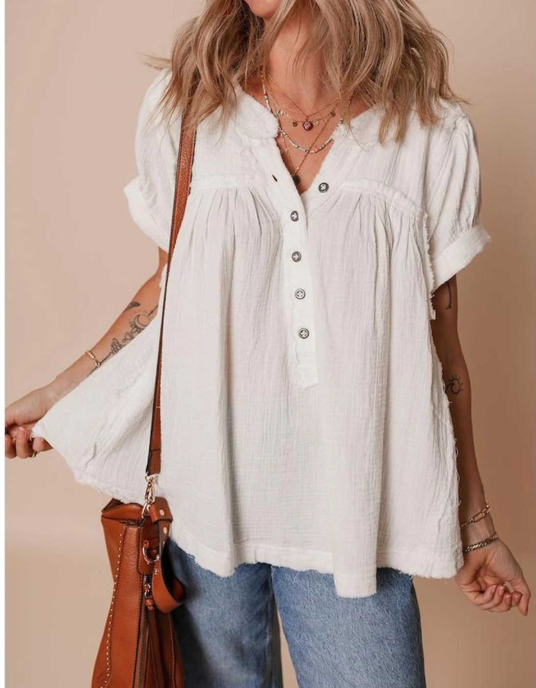 White Textured Short Sleeve Buttons Frayed Blouse