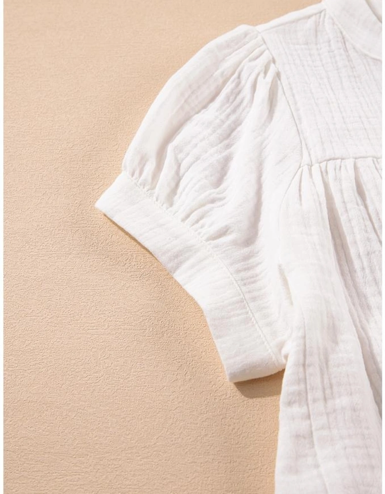 White Textured Short Sleeve Buttons Frayed Blouse