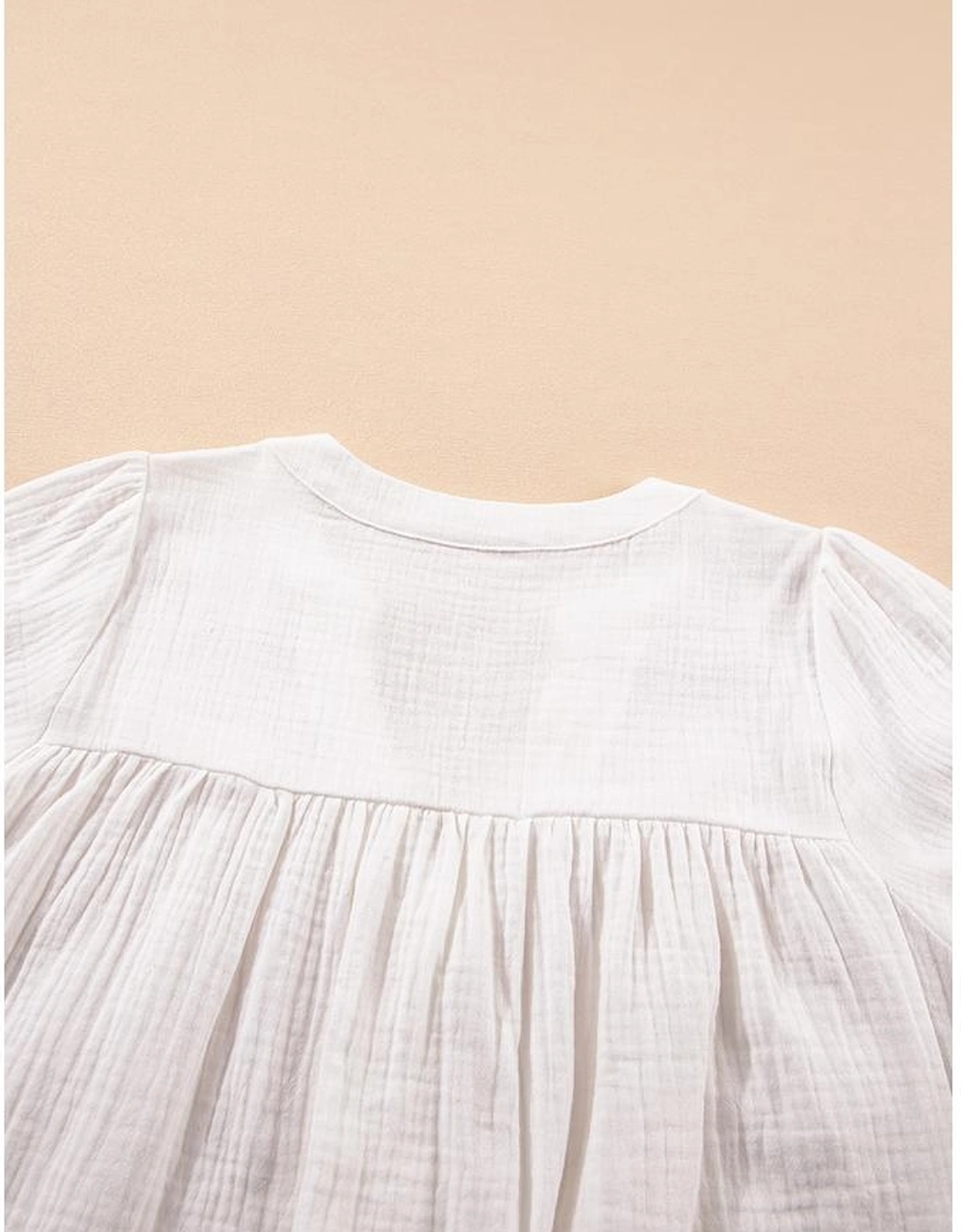 White Textured Short Sleeve Buttons Frayed Blouse