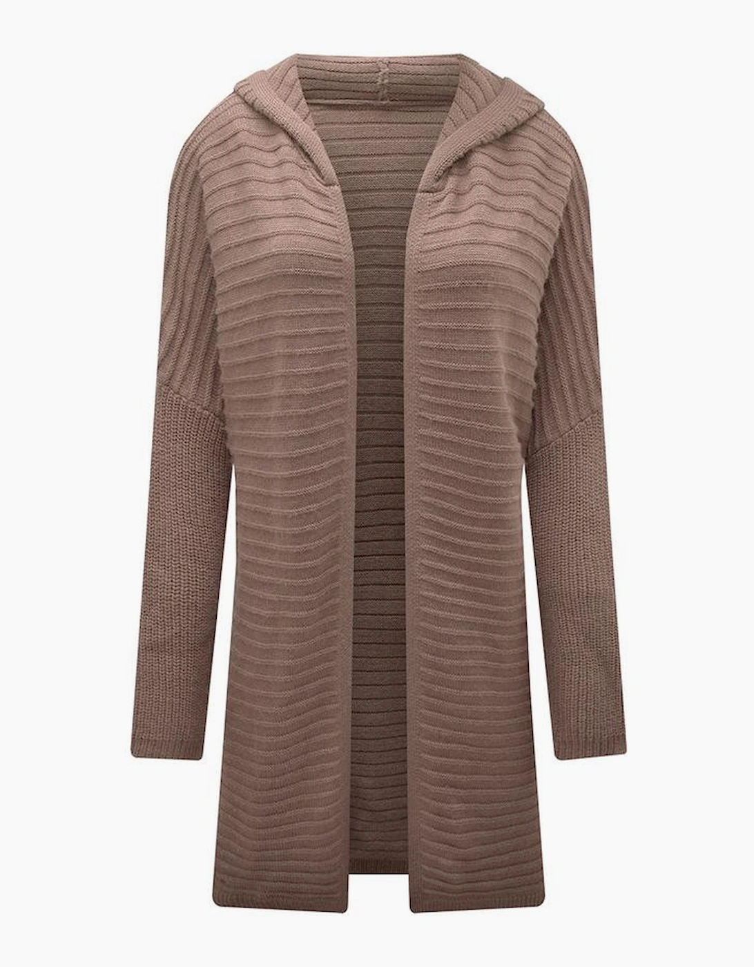 Brown Horizontal Rib Knitted Open Front Hooded Cardigan