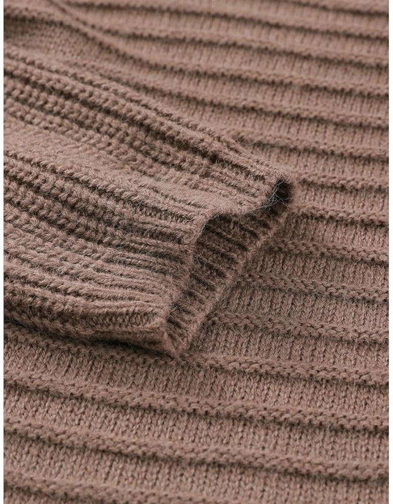 Brown Horizontal Rib Knitted Open Front Hooded Cardigan