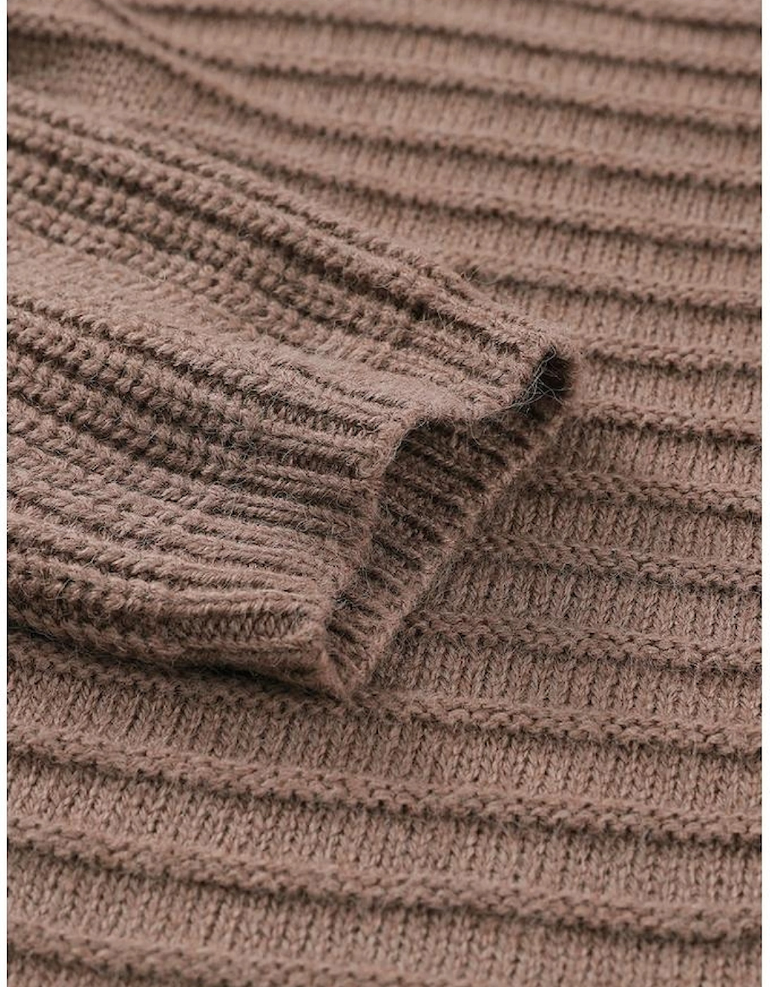 Brown Horizontal Rib Knitted Open Front Hooded Cardigan