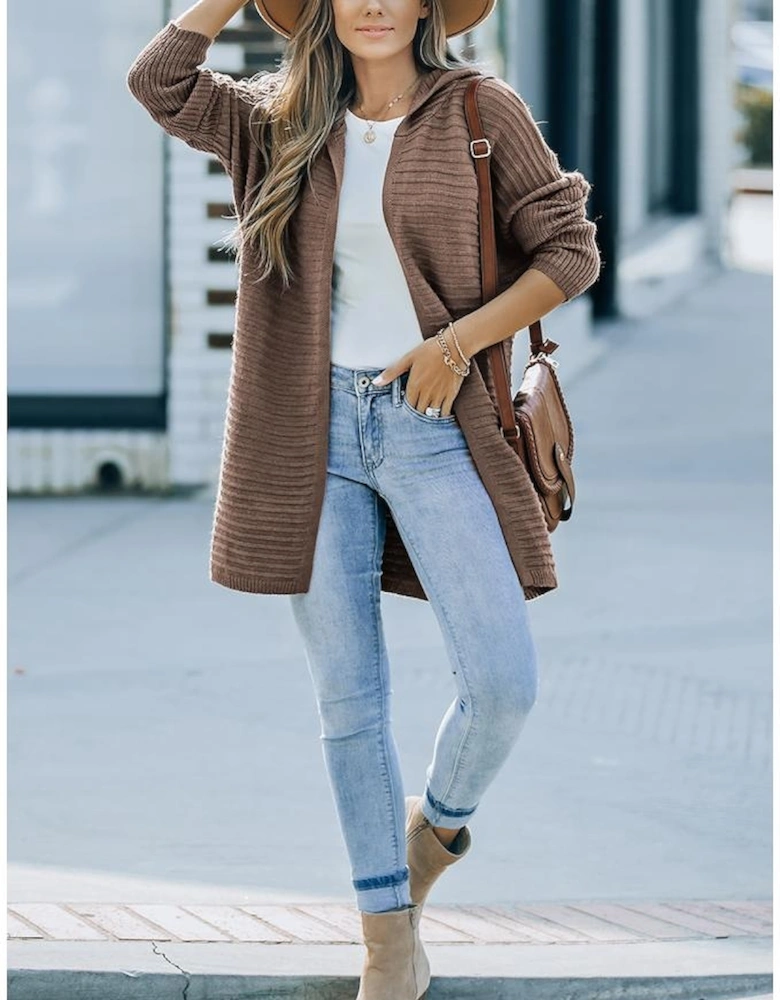 Brown Horizontal Rib Knitted Open Front Hooded Cardigan