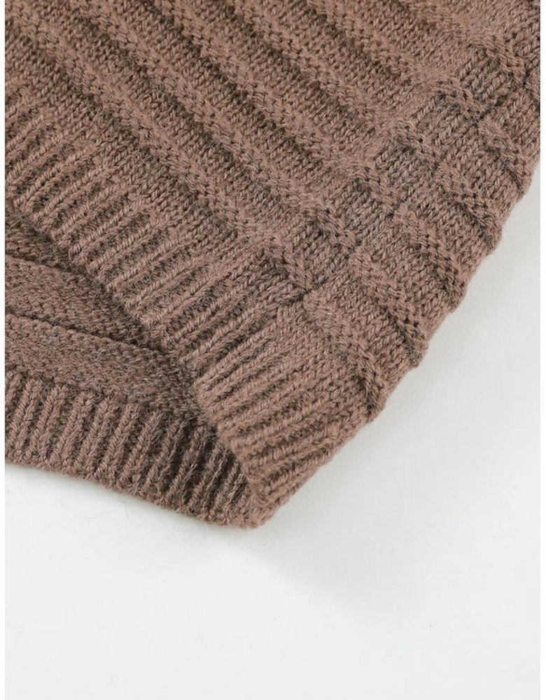 Brown Horizontal Rib Knitted Open Front Hooded Cardigan