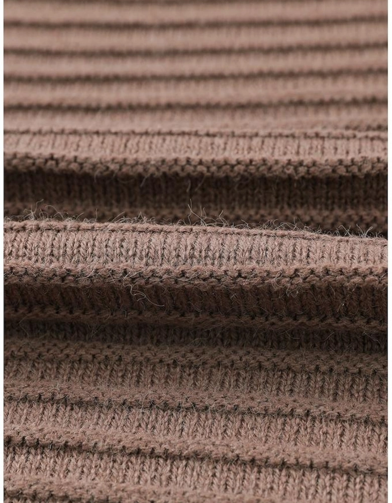 Brown Horizontal Rib Knitted Open Front Hooded Cardigan