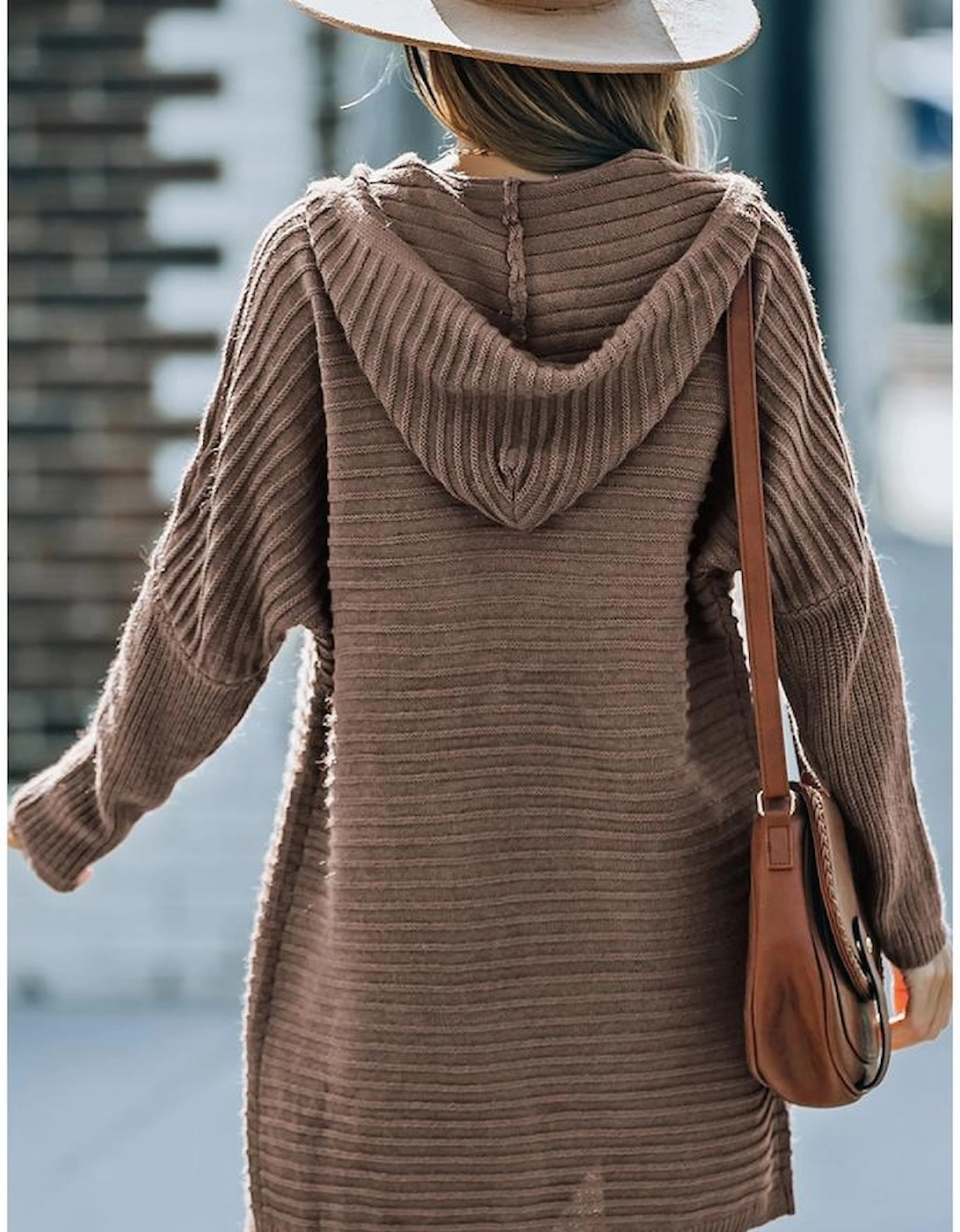 Brown Horizontal Rib Knitted Open Front Hooded Cardigan