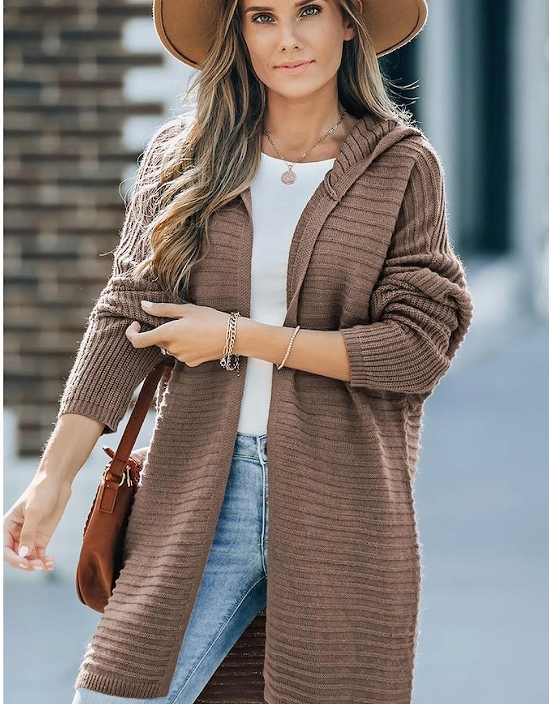 Brown Horizontal Rib Knitted Open Front Hooded Cardigan