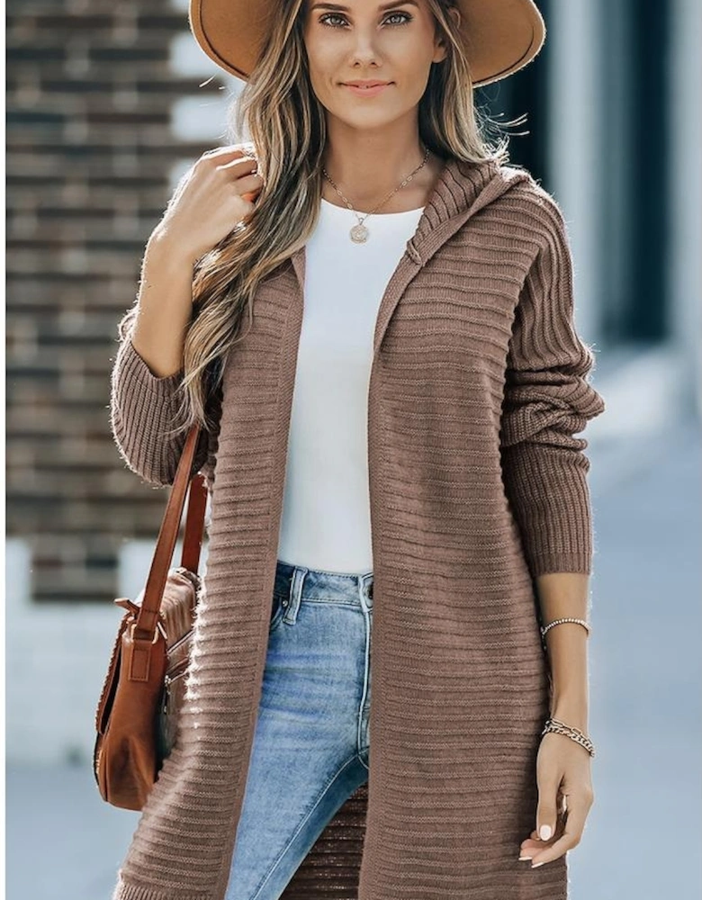 Brown Horizontal Rib Knitted Open Front Hooded Cardigan