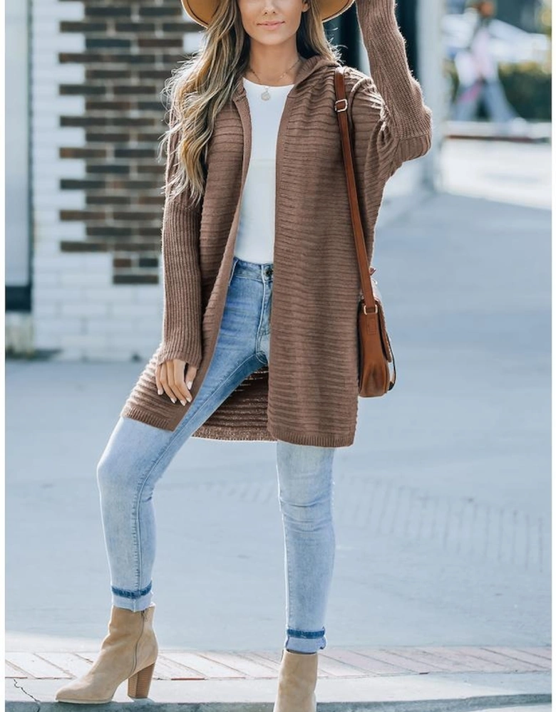 Brown Horizontal Rib Knitted Open Front Hooded Cardigan