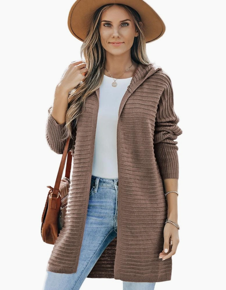 Brown Horizontal Rib Knitted Open Front Hooded Cardigan