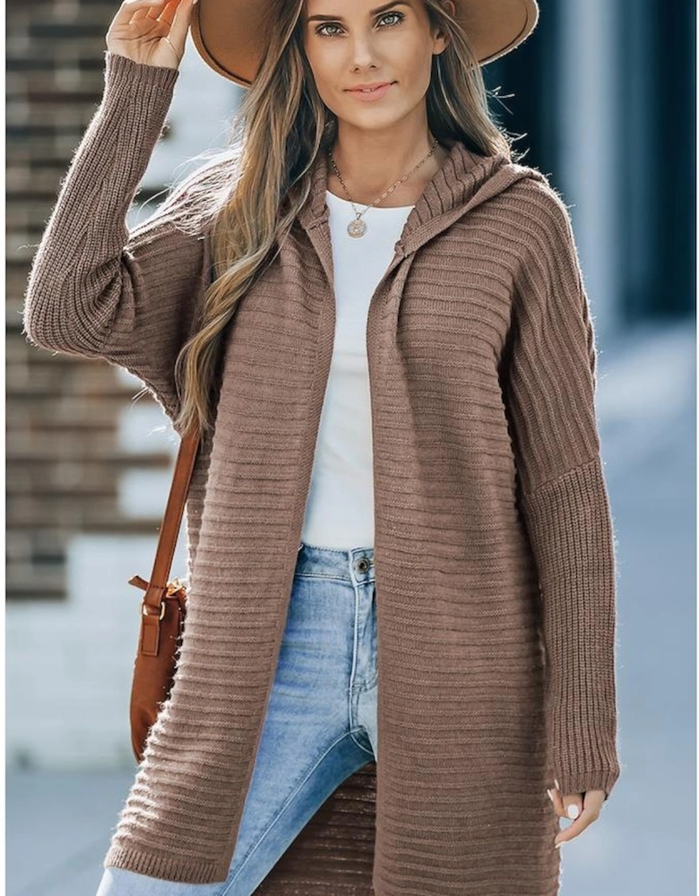 Brown Horizontal Rib Knitted Open Front Hooded Cardigan