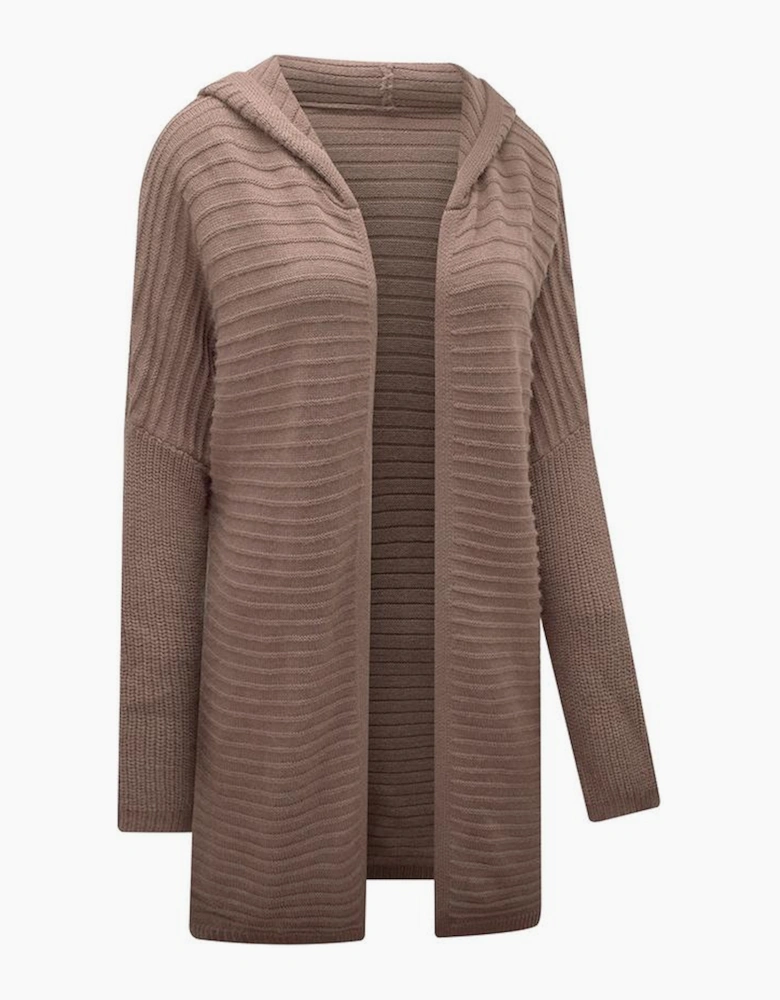Brown Horizontal Rib Knitted Open Front Hooded Cardigan