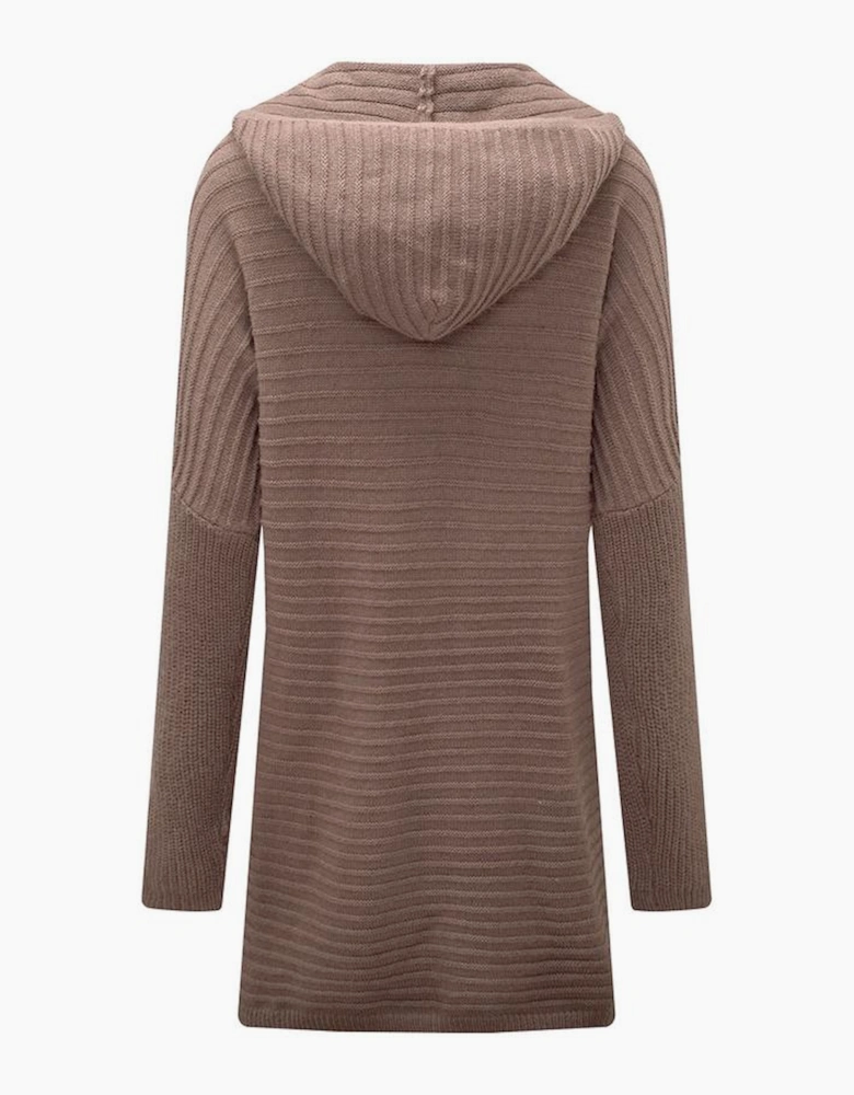 Brown Horizontal Rib Knitted Open Front Hooded Cardigan