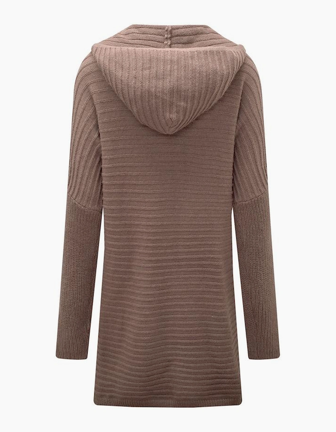 Brown Horizontal Rib Knitted Open Front Hooded Cardigan