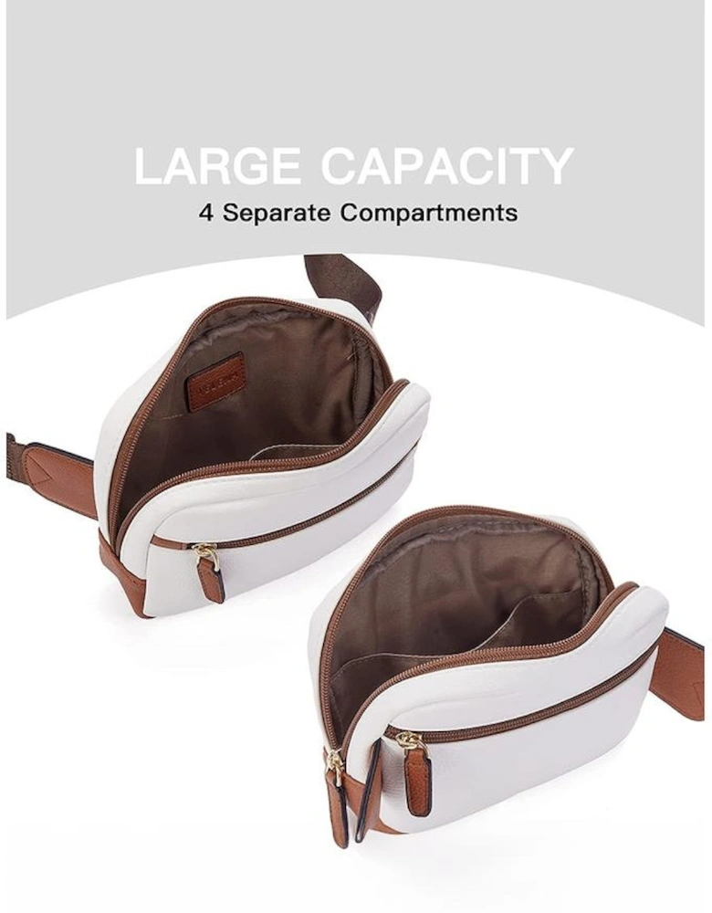 White Color Contrast Patched PU Leather Wide Strap Crossbody Bags