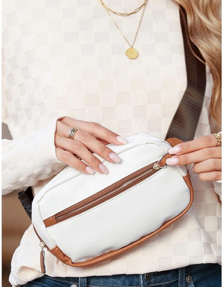 White Color Contrast Patched PU Leather Wide Strap Crossbody Bags