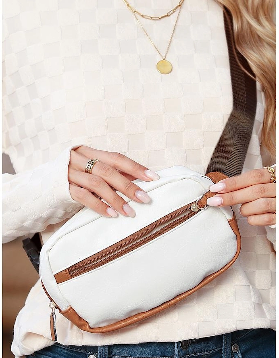 White Color Contrast Patched PU Leather Wide Strap Crossbody Bags, 14 of 13