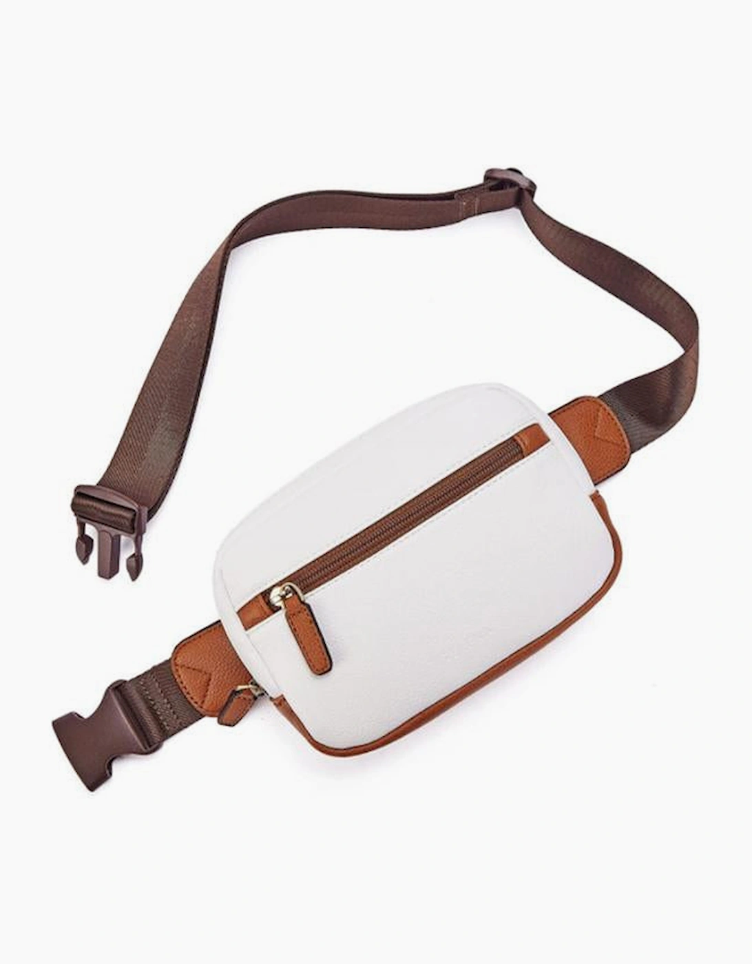 White Color Contrast Patched PU Leather Wide Strap Crossbody Bags