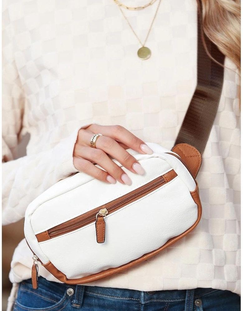 White Color Contrast Patched PU Leather Wide Strap Crossbody Bags