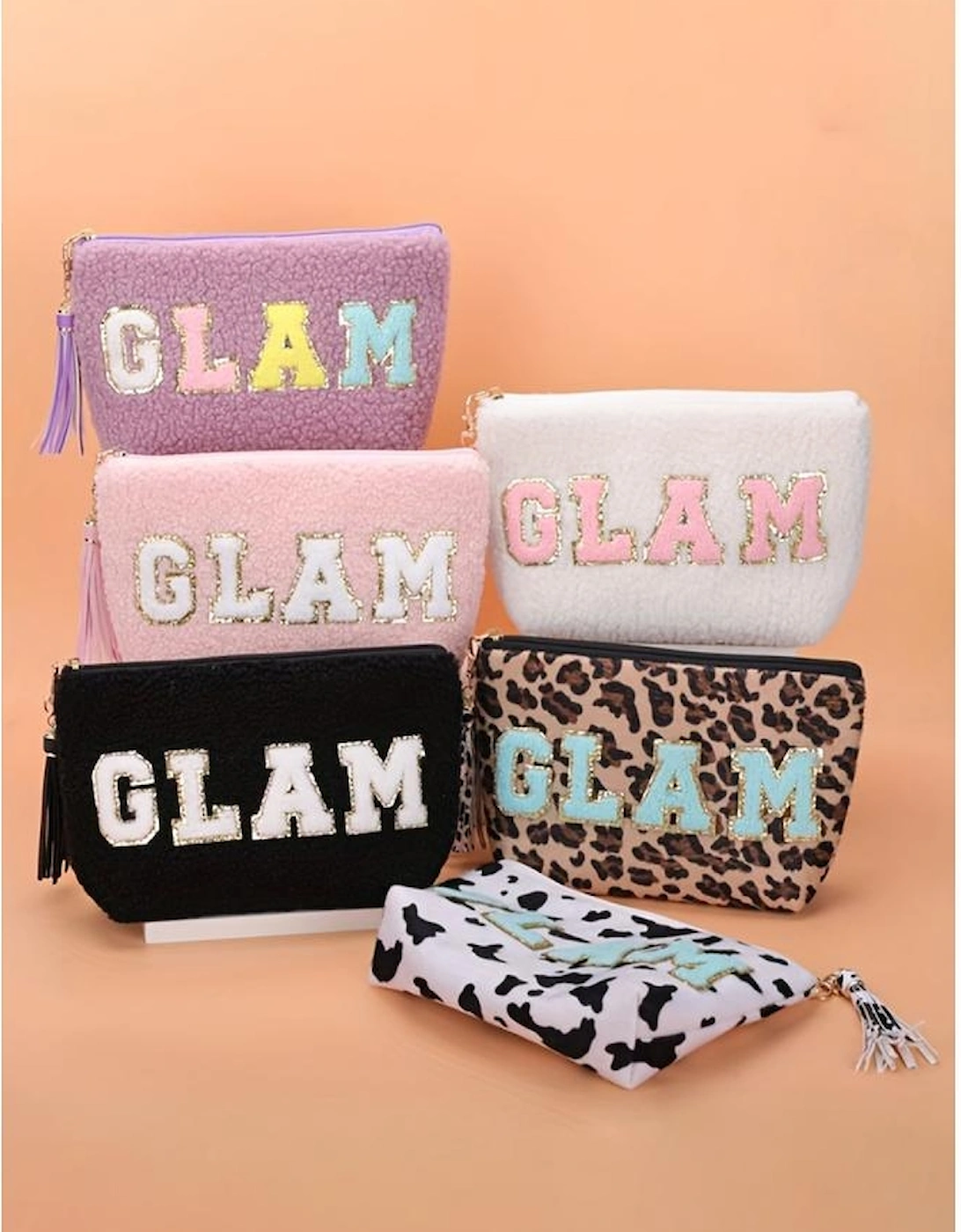 Phalaenopsis Sparkle Letter Pattern Tassel Zipper Makeup Bag