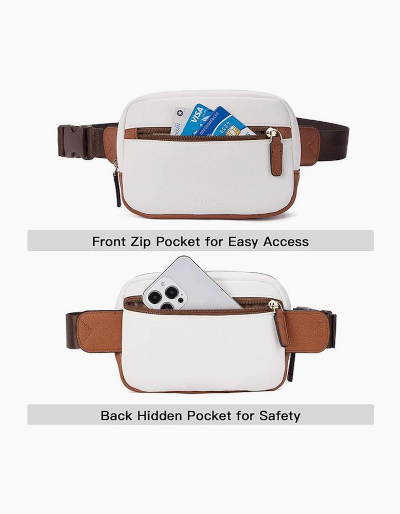 White Color Contrast Patched PU Leather Wide Strap Crossbody Bags