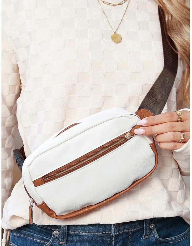 White Color Contrast Patched PU Leather Wide Strap Crossbody Bags