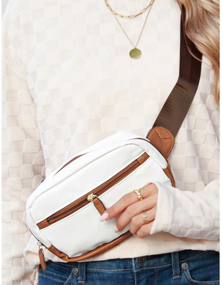 White Color Contrast Patched PU Leather Wide Strap Crossbody Bags