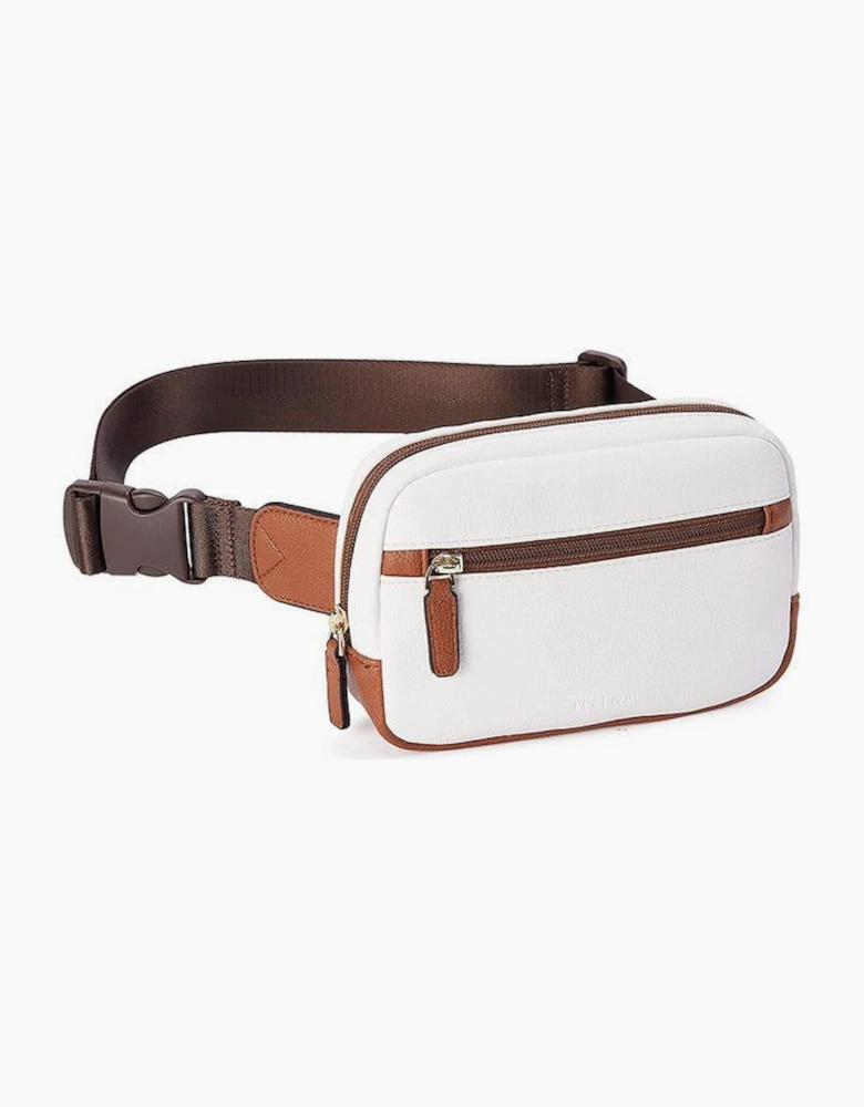 White Color Contrast Patched PU Leather Wide Strap Crossbody Bags