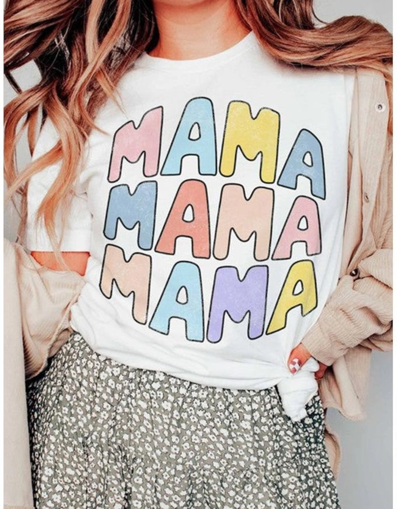 White MAMA Slogan Print Crew Neck Casual T Shirt