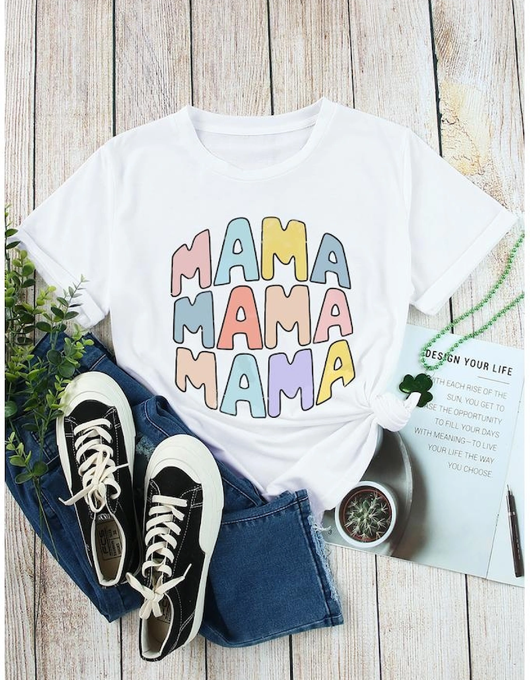 White MAMA Slogan Print Crew Neck Casual T Shirt