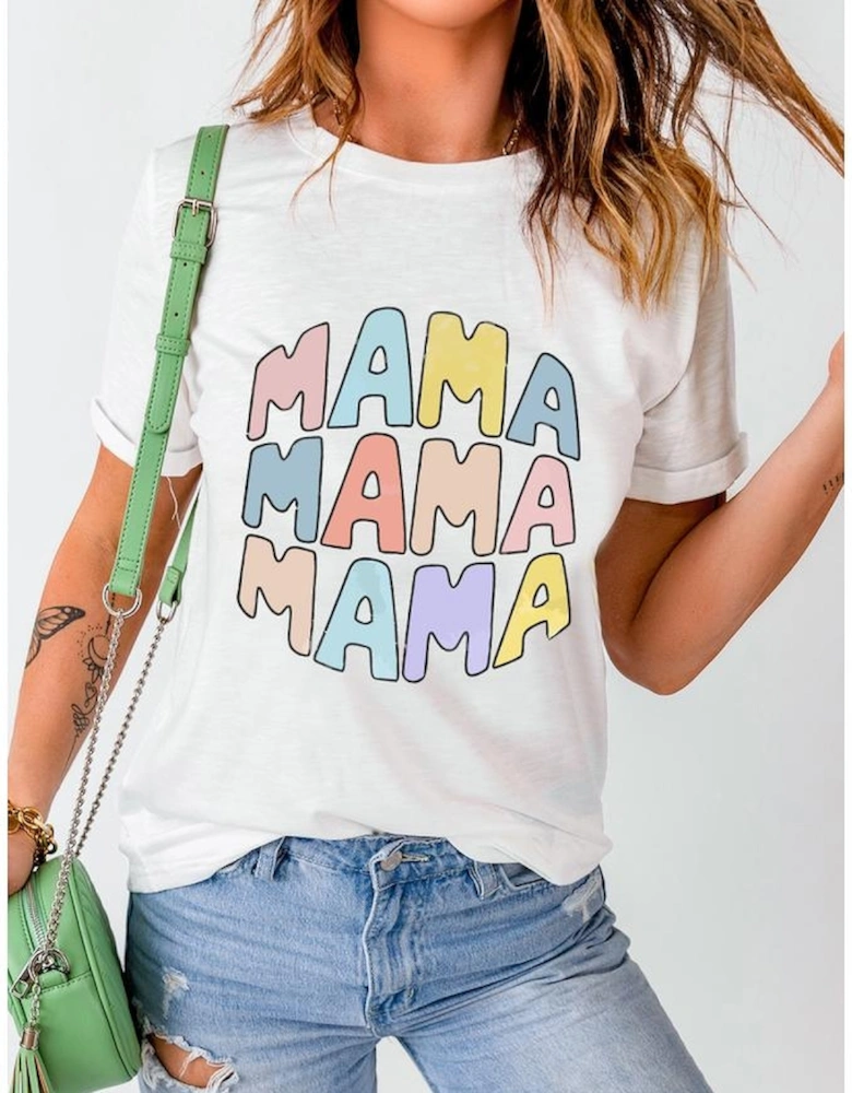 White MAMA Slogan Print Crew Neck Casual T Shirt