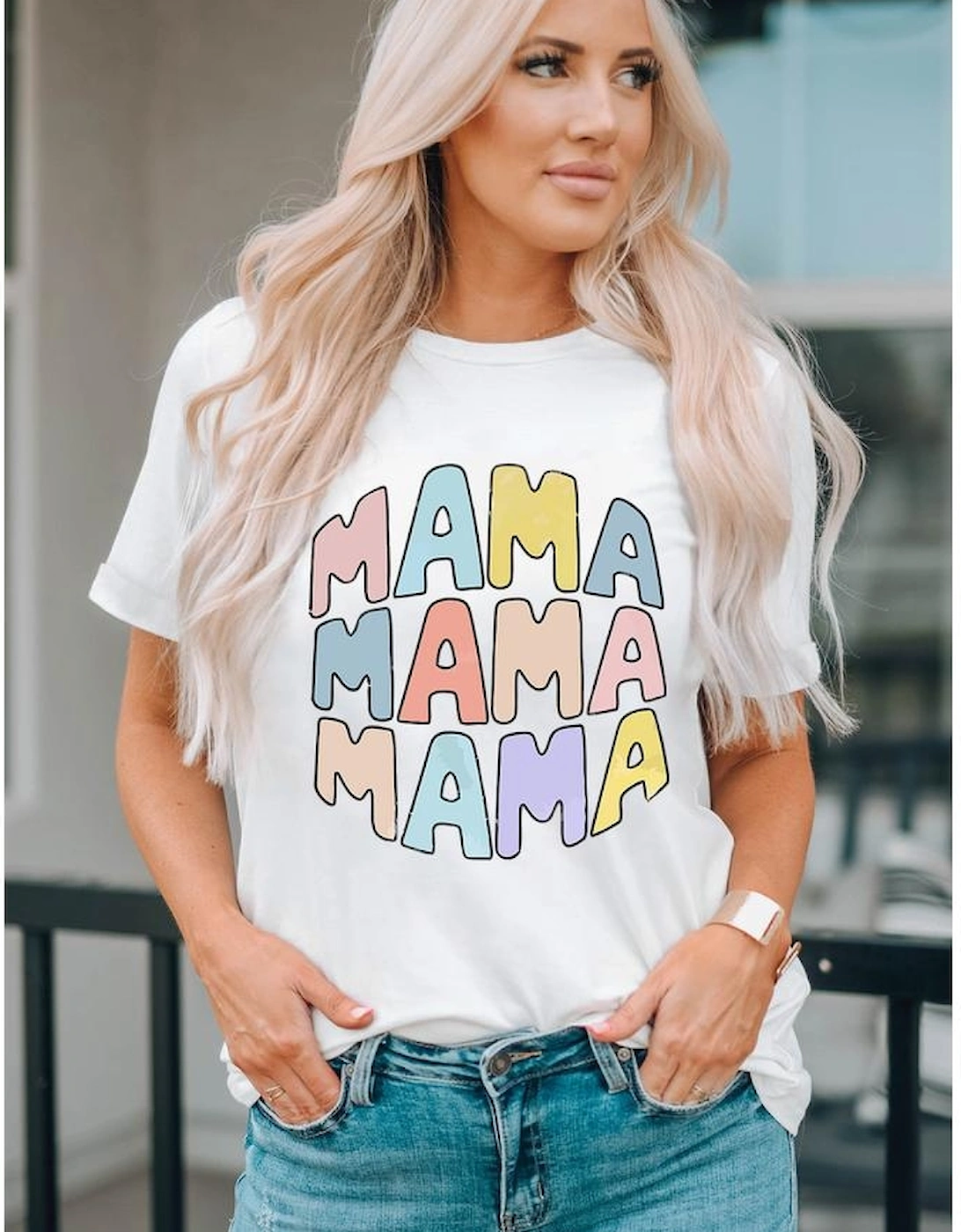 White MAMA Slogan Print Crew Neck Casual T Shirt