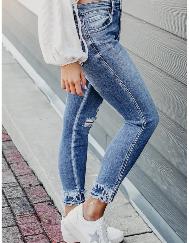 Light Blue Distressed Frayed Ankle Skinny Jeans