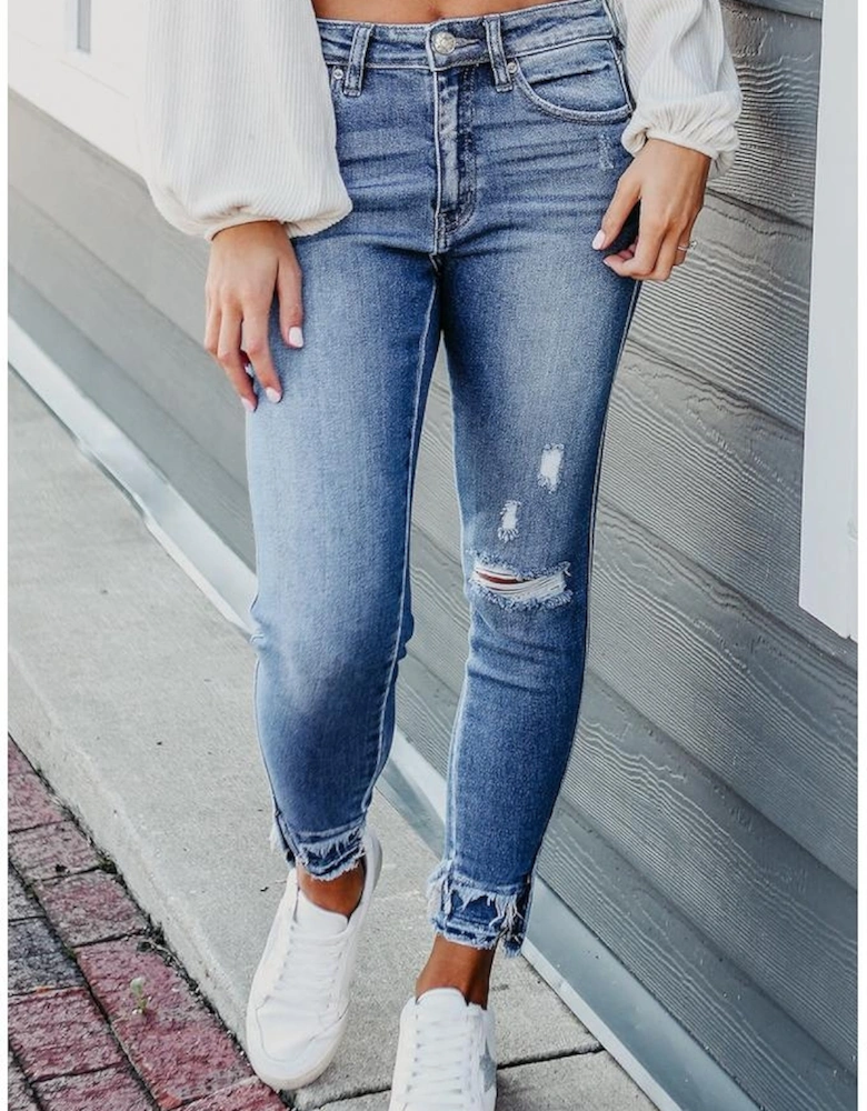 Light Blue Distressed Frayed Ankle Skinny Jeans
