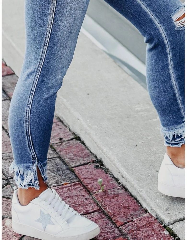 Light Blue Distressed Frayed Ankle Skinny Jeans