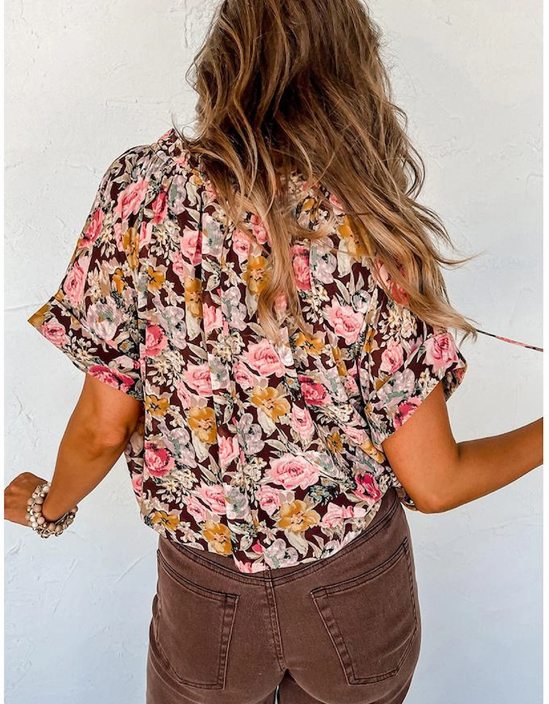 Pink Floral Print Bubble Hem Split Neck Blouse