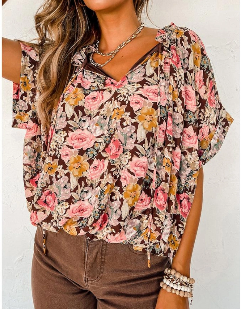 Pink Floral Print Bubble Hem Split Neck Blouse