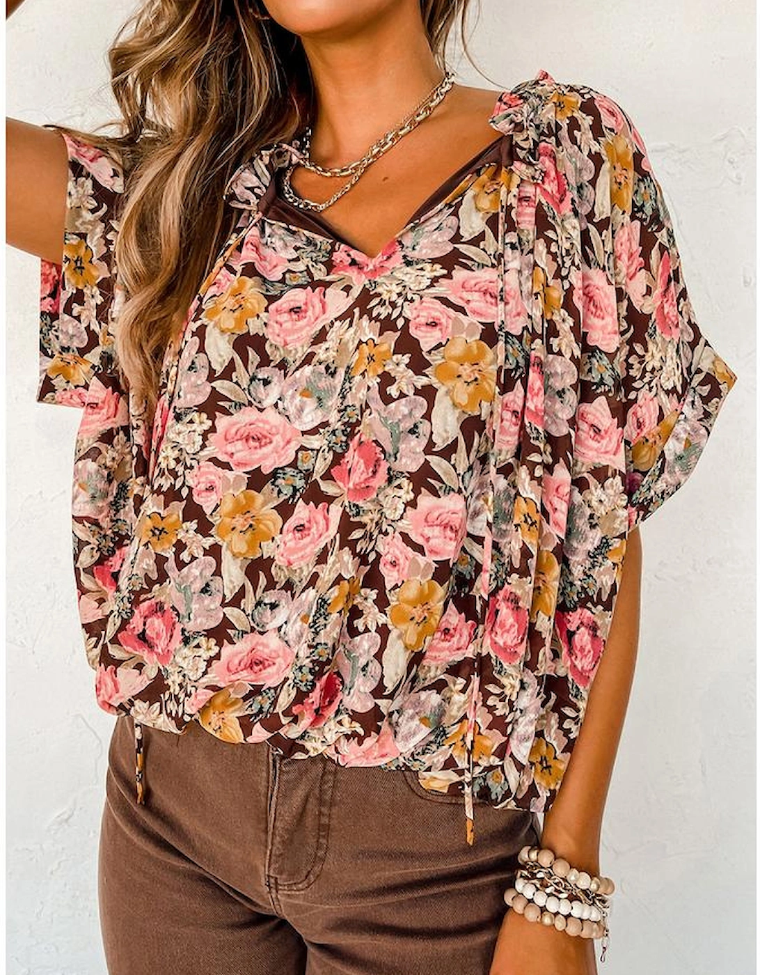 Pink Floral Print Bubble Hem Split Neck Blouse