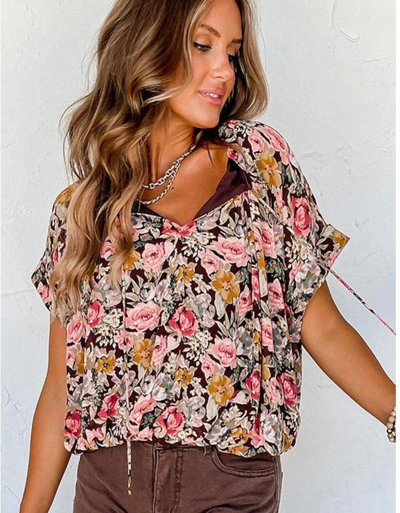 Pink Floral Print Bubble Hem Split Neck Blouse