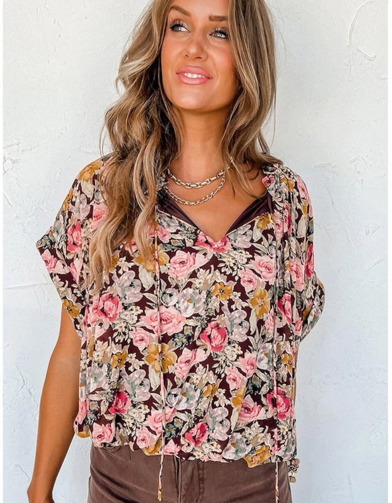 Pink Floral Print Bubble Hem Split Neck Blouse