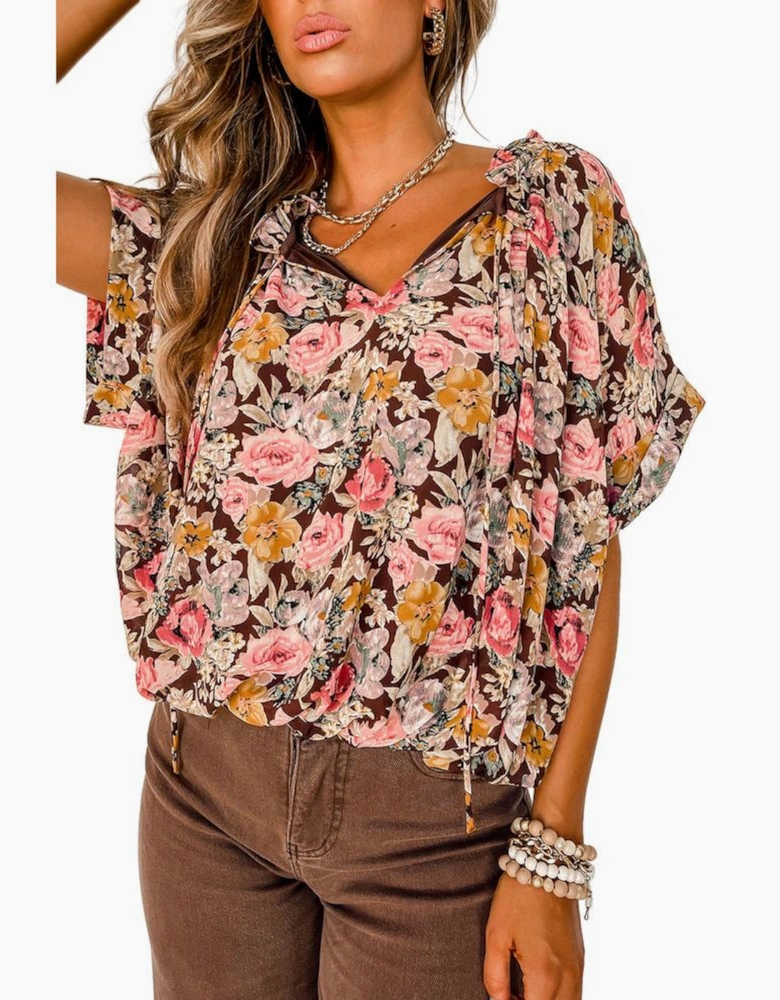 Pink Floral Print Bubble Hem Split Neck Blouse