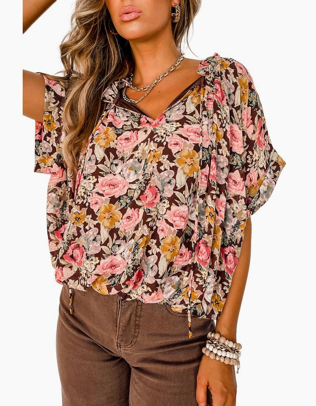 Pink Floral Print Bubble Hem Split Neck Blouse