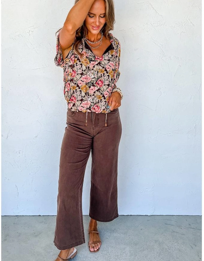 Pink Floral Print Bubble Hem Split Neck Blouse