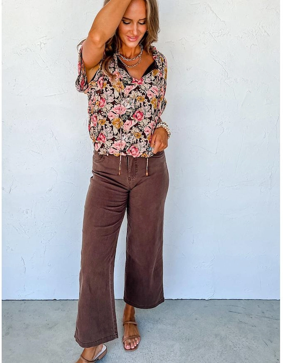 Pink Floral Print Bubble Hem Split Neck Blouse