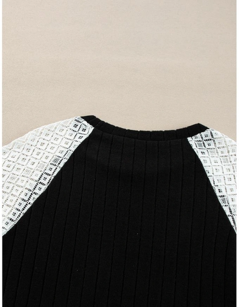 Black Floral Patchwork Long Sleeve Ribbed Blouse