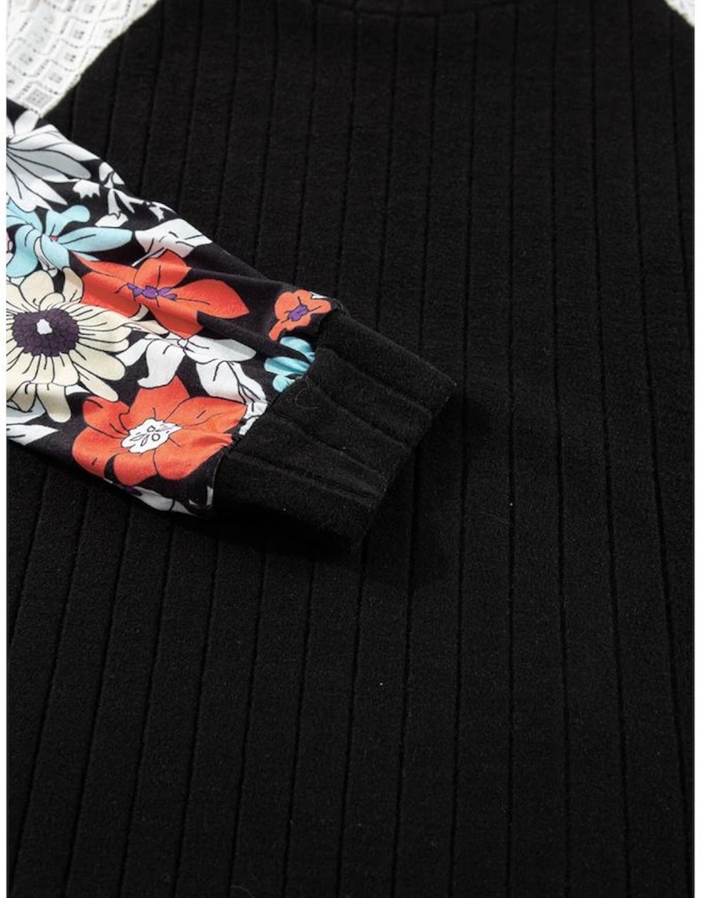 Black Floral Patchwork Long Sleeve Ribbed Blouse