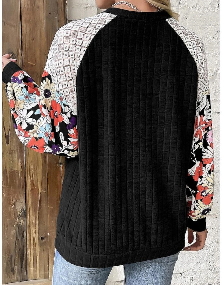 Black Floral Patchwork Long Sleeve Ribbed Blouse