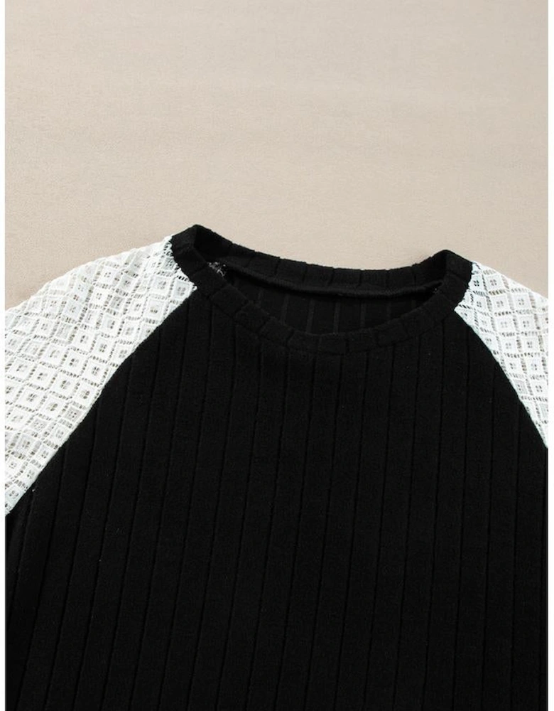 Black Floral Patchwork Long Sleeve Ribbed Blouse