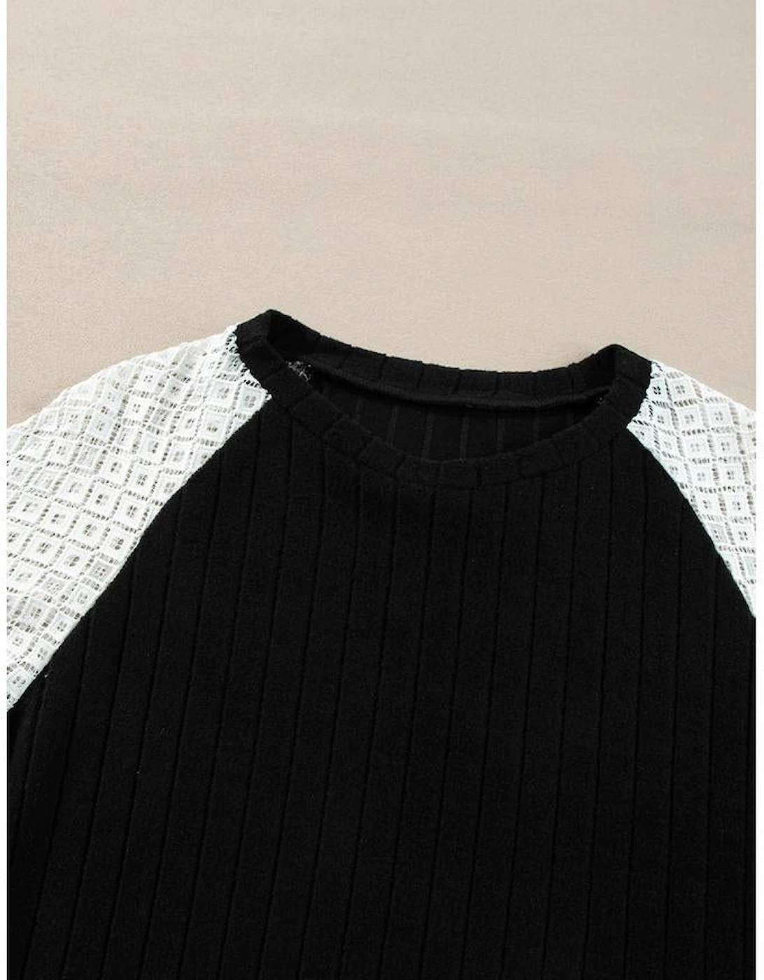 Black Floral Patchwork Long Sleeve Ribbed Blouse