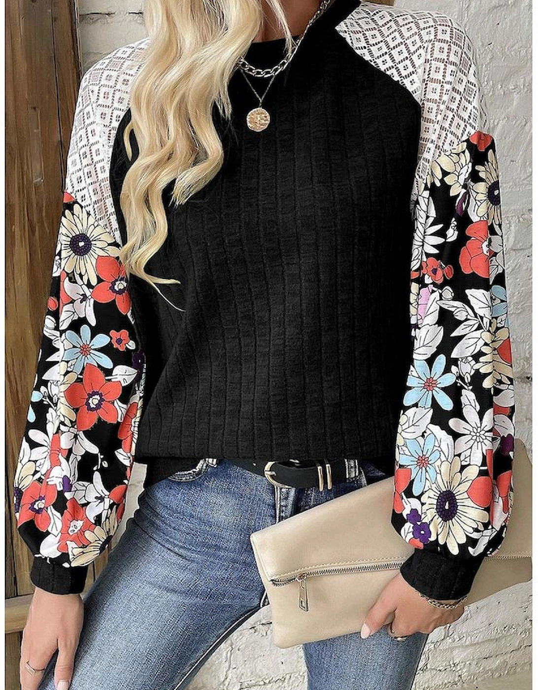 Black Floral Patchwork Long Sleeve Ribbed Blouse